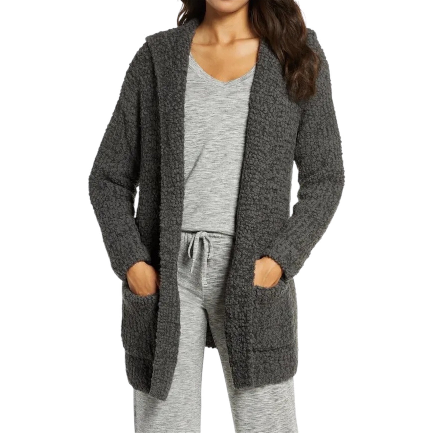 Barefoot Dreams Boucle Knit Hooded Cardigan Womenâs L/Xl Gray Cozy Winter Casual
